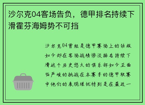 沙尔克04客场告负，德甲排名持续下滑霍芬海姆势不可挡